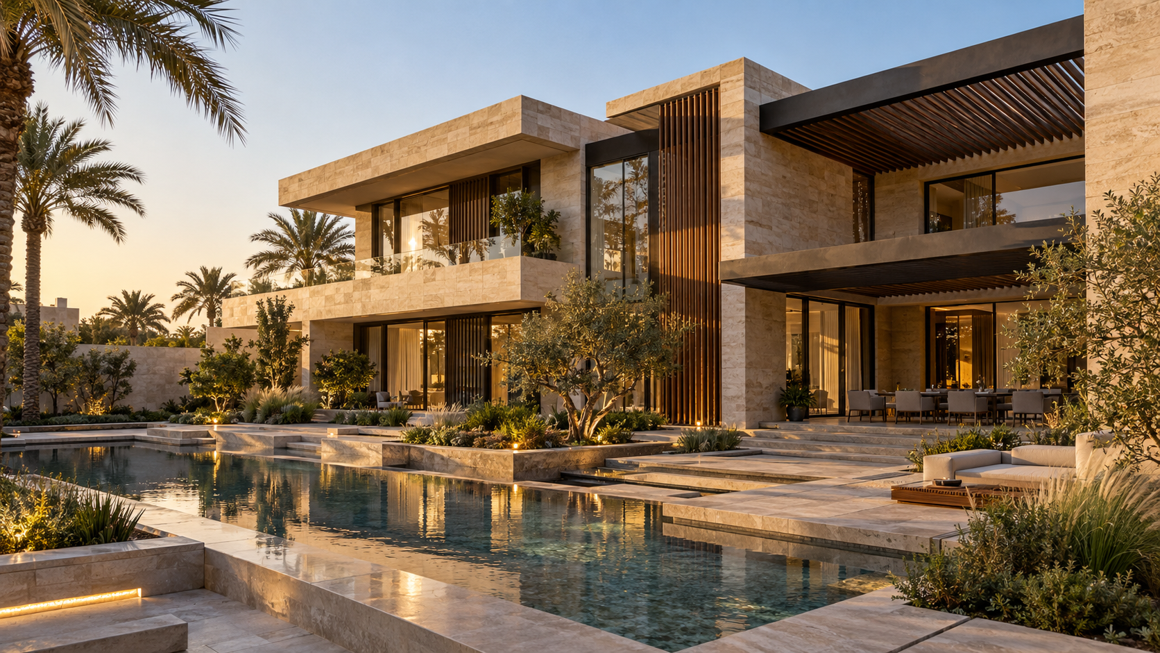 تصميم معماري لفيلا عراقية حديثة بواجهات حجرية ومساحات خارجية متكاملة